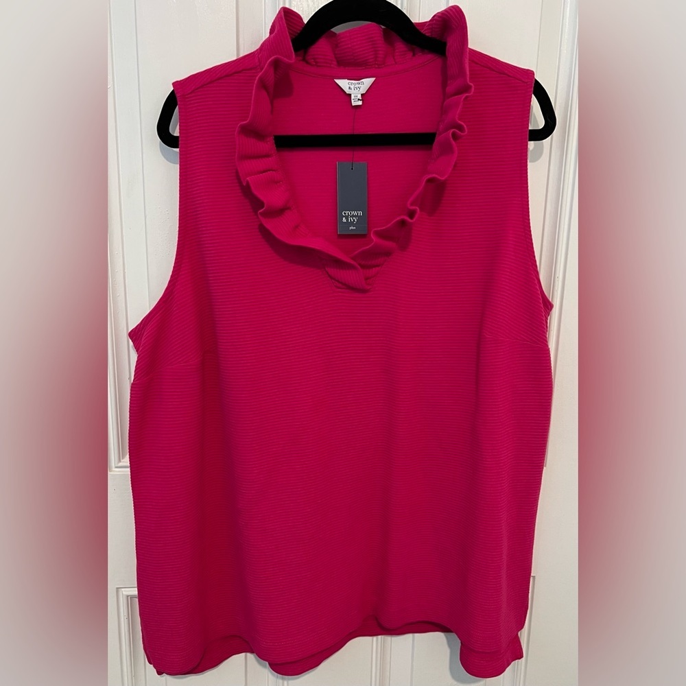 New! Crown & Ivy Fuchsia Pink Ruffle Neck Womens Sleeveless Blouse Size 2X NWT - Picture 2 of 13